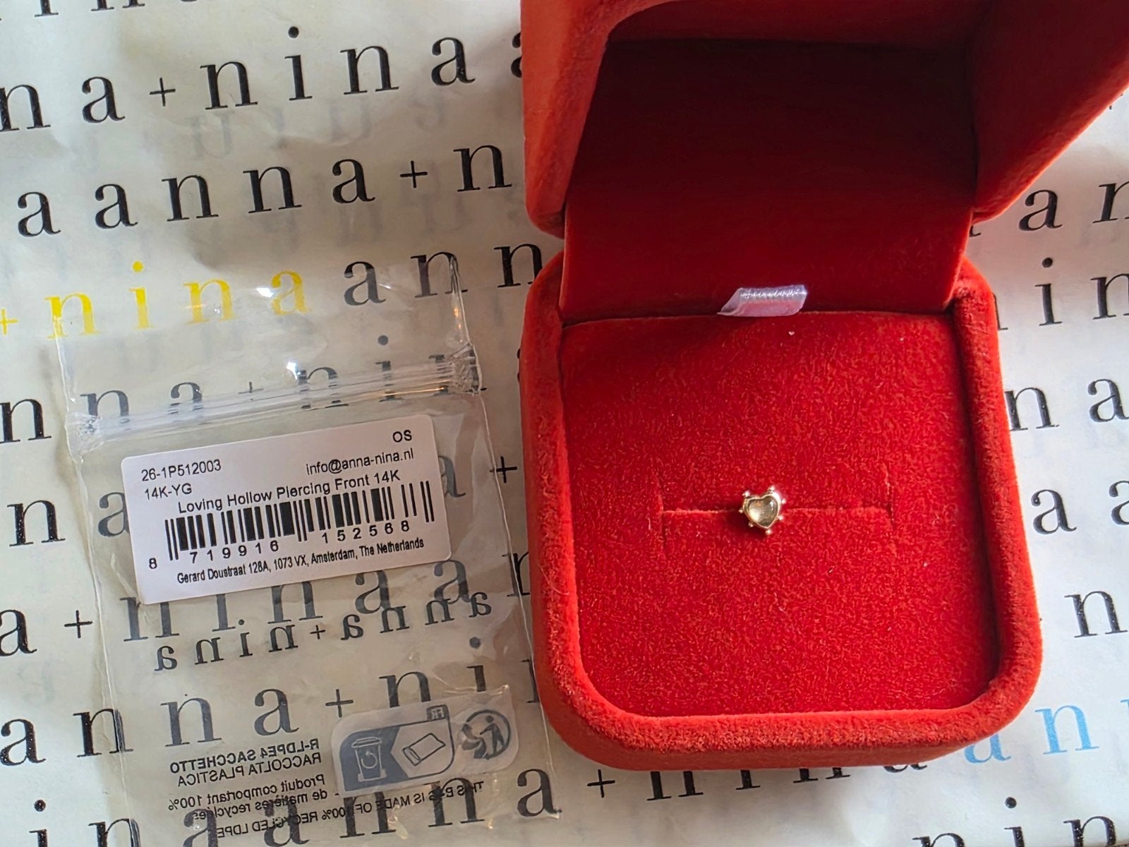 Anna + nina Loving Hollow Piercing Front 14K, Ophalen of Verzenden, Nieuw, Goud, Oor- of Traguspiercing