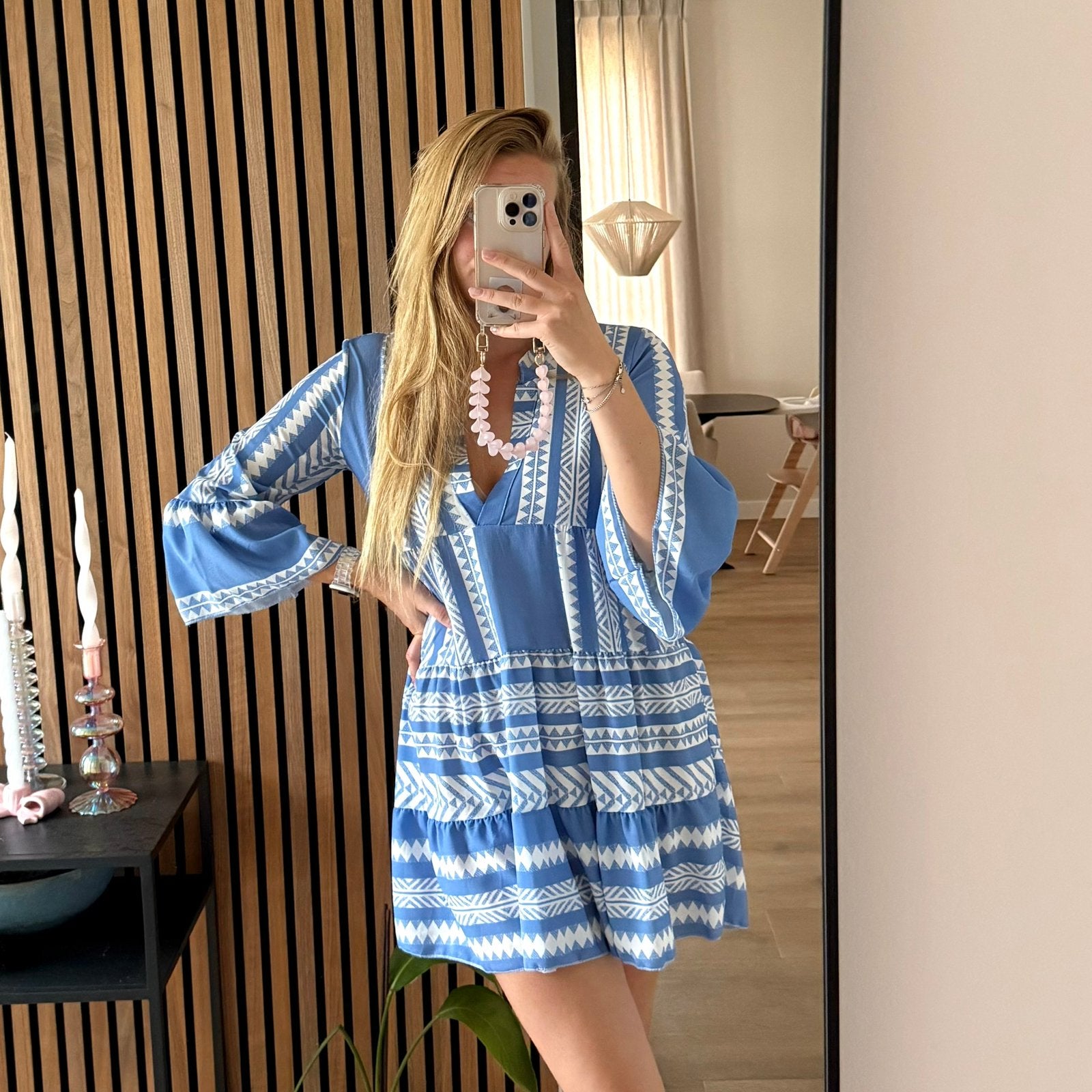 Blauw wit aztec soepelvallend jurkje, Kleding | Dames, Maat 38/40 (M), Blauw, Ophalen of Verzenden, Zo goed als nieuw
