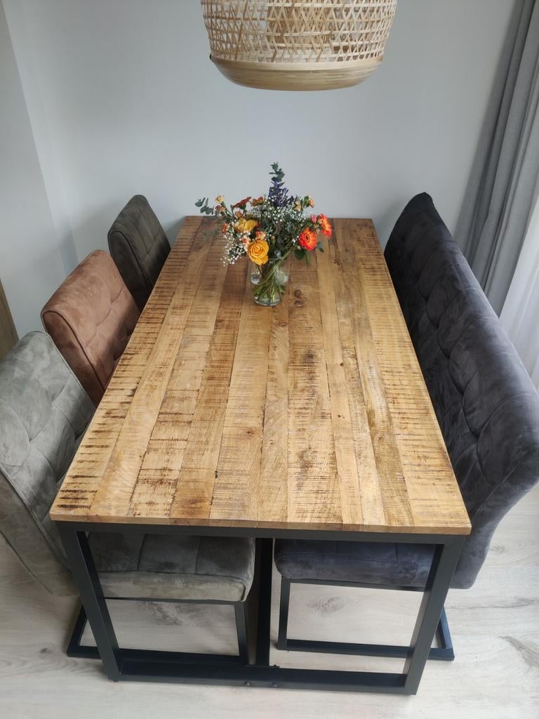 Eettafel setl 90x180 met bankje en 3 stoelen, Huis en Inrichting, Gebruikt, 50 tot 100 cm, Vijf personen of meer, 150 tot 200 cm