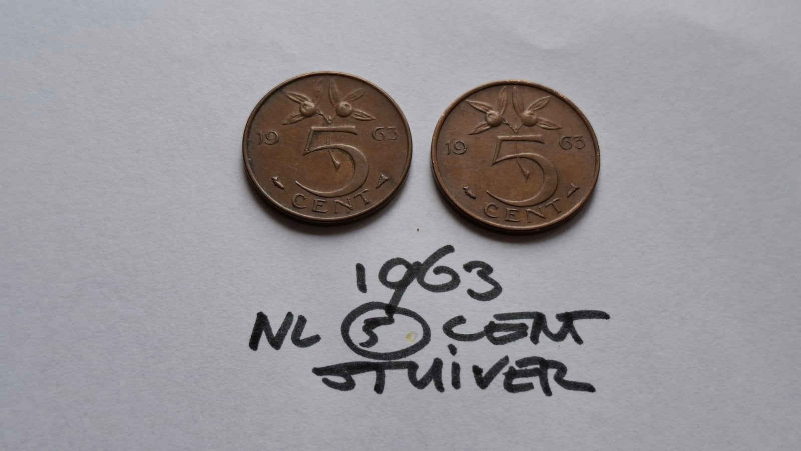 Oude munten: 2x Nederland 5 cent stuiver 1963, Ophalen of Verzenden