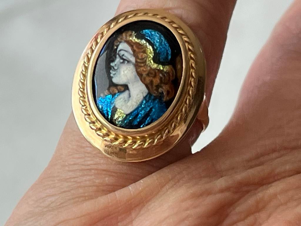 Gouden ring met Limoges emaille portret van dame, gekeurd, Sieraden, Tassen en Uiterlijk, Ringen, Verzenden, Dame, Goud, Kleiner dan 17