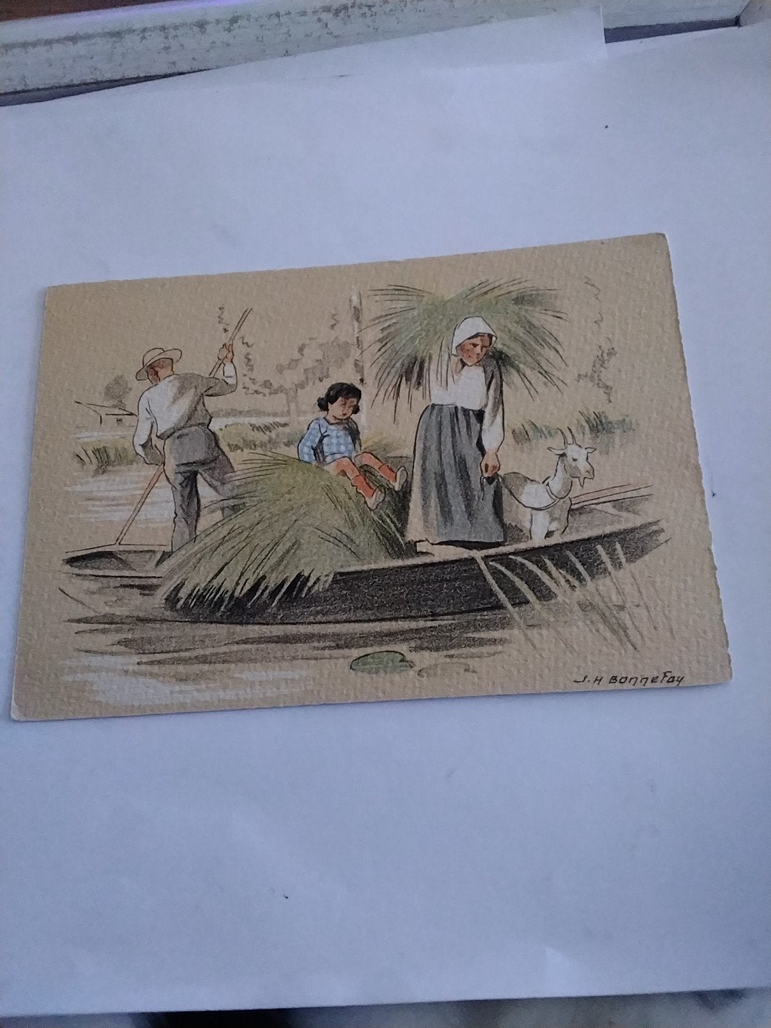 Franse Ansichtkaart: Boot met Familie en Geit J.H. Bonnefoy, Verzamelen, Ophalen of Verzenden