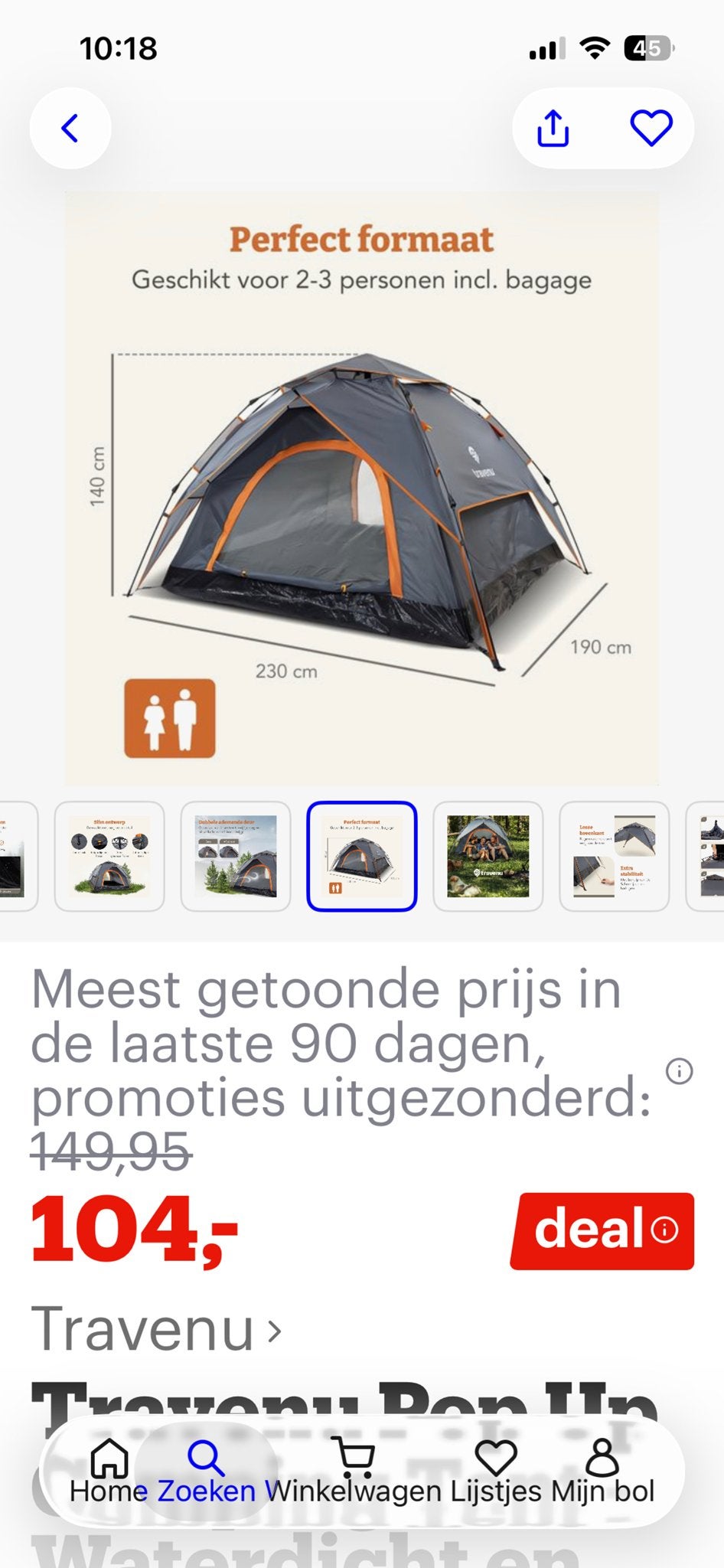 Travenu Pop-Up Tent - 2-3 Personen - Waterdicht, Caravans en Kamperen, Ophalen, Zo goed als nieuw, Tot en met 3
