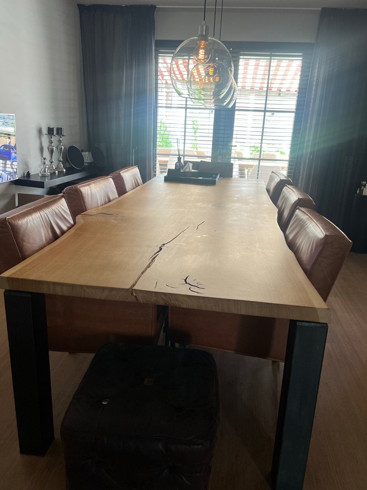 Robuuste eikenhouten eettafel met metalen poten, Ophalen, 100 tot 150 cm, Eikenhout, 200 cm of meer