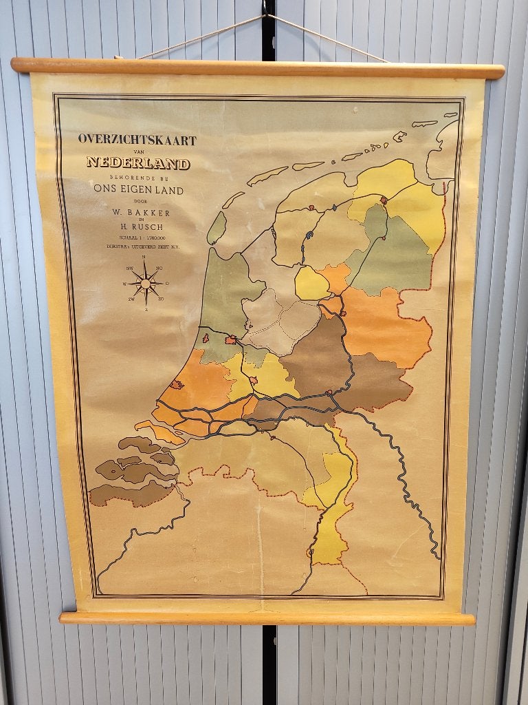 Vintage schoolkaart Nederland – Bakker en Rusch, Ophalen of Verzenden, Aardrijkskunde