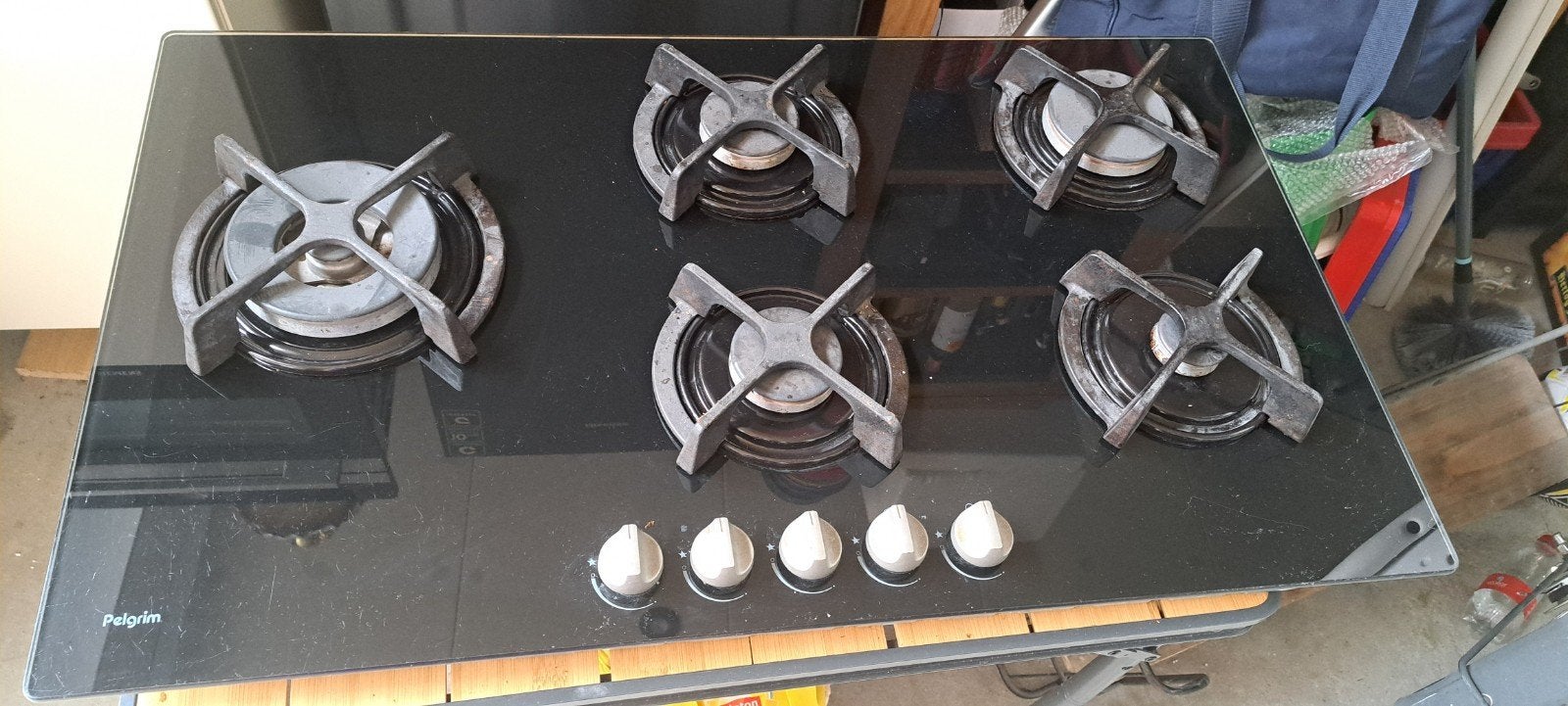 Pelgrim Gasfornuis - 5 Pitten - Zwart Glas, Ophalen, Gebruikt, 4 kookzones, Gas