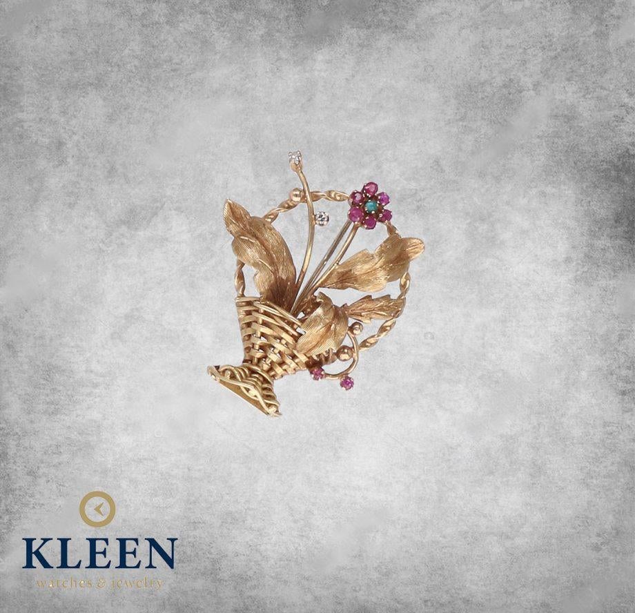 Sierlijke Gouden Broche Bloemenmand Robijn en Briljant 18K, Sieraden, Tassen en Uiterlijk, Broches, Minder dan 4 cm, Ophalen of Verzenden