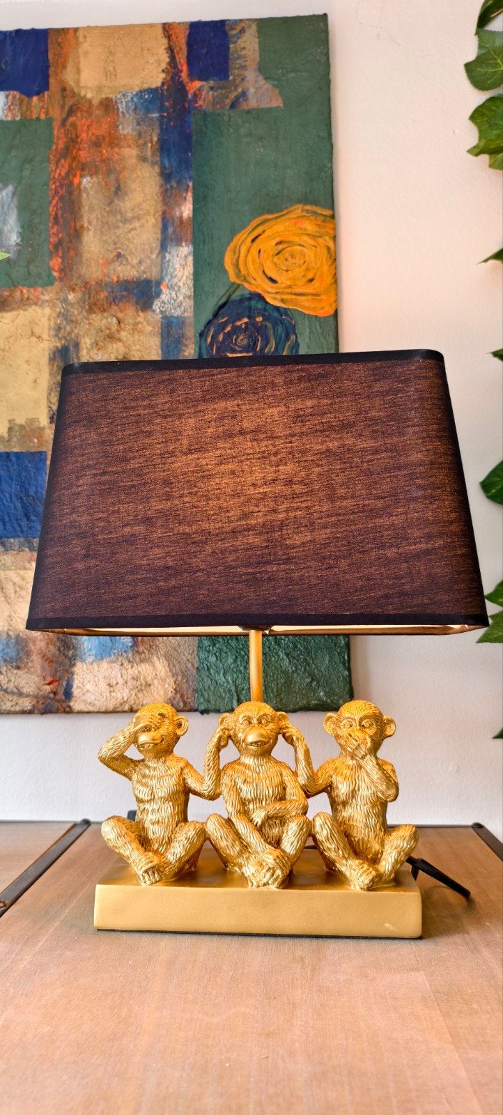 Villa Volance - Gouden Tafellamp Aapjes + Zwarte Kap + lamp, Ophalen of Verzenden, Nieuw, Metaal