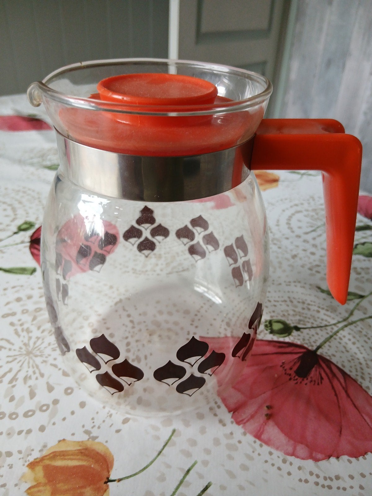 Vintage Glazen theepot met Oranje Handvat en Deksel, Ophalen of Verzenden