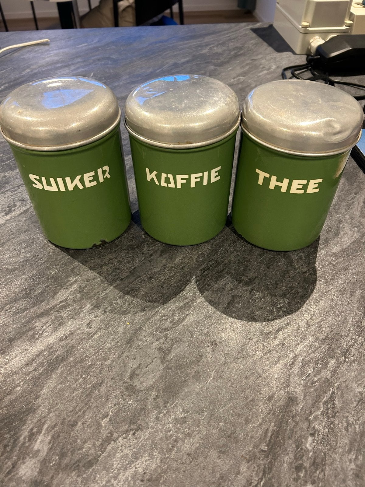 Vintage voorraadblikken: Suiker, Koffie, Thee (groen), Ophalen
