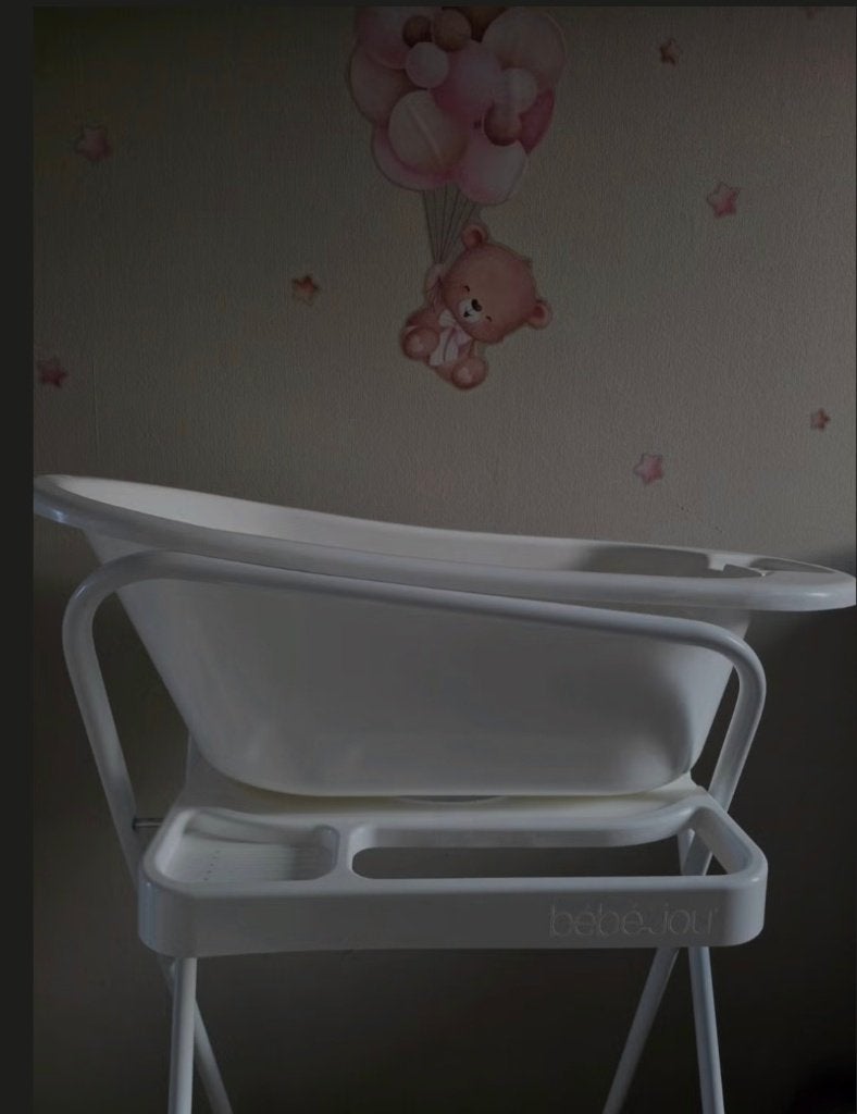 Babybadje inclusief standaard, badzitje en thermometer, Ophalen, Gebruikt, Badje, Bébé-jou