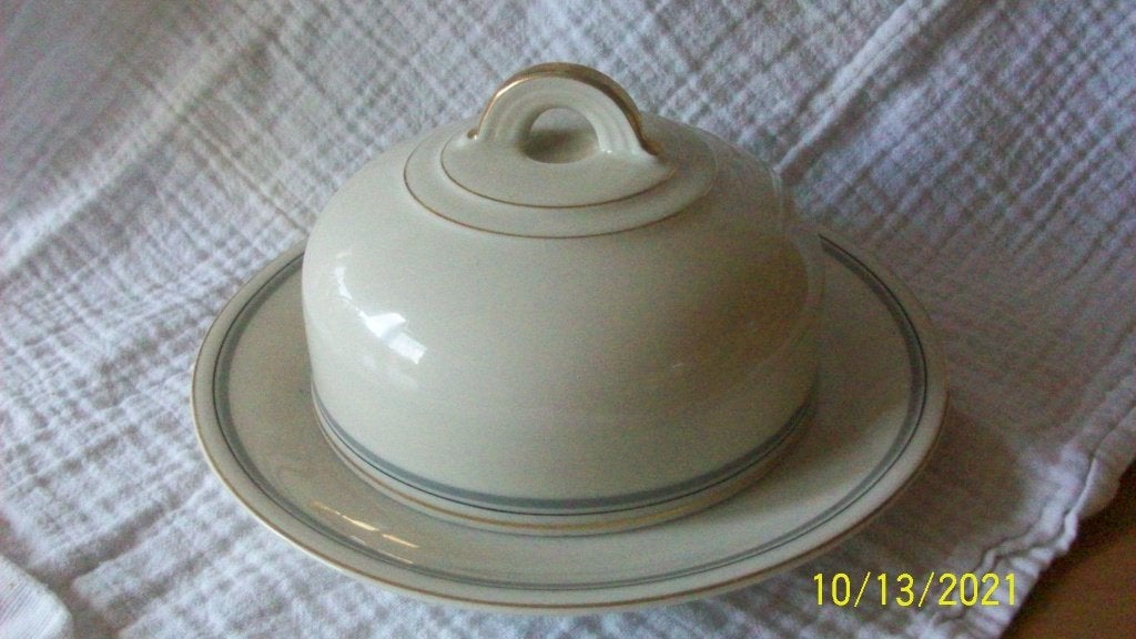 Vintage botervloot met deksel - Crèmekleurig met goud, Beige, Overige typen, Ophalen of Verzenden, Zo goed als nieuw