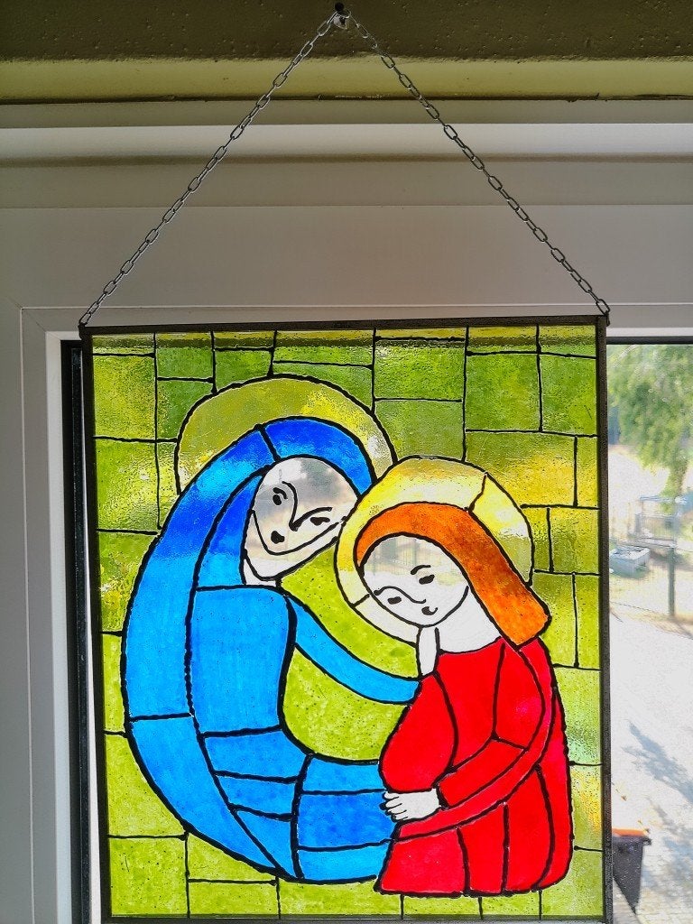 Antiek /vintage glas in lood Maria en Jezus volkskunst 25x30