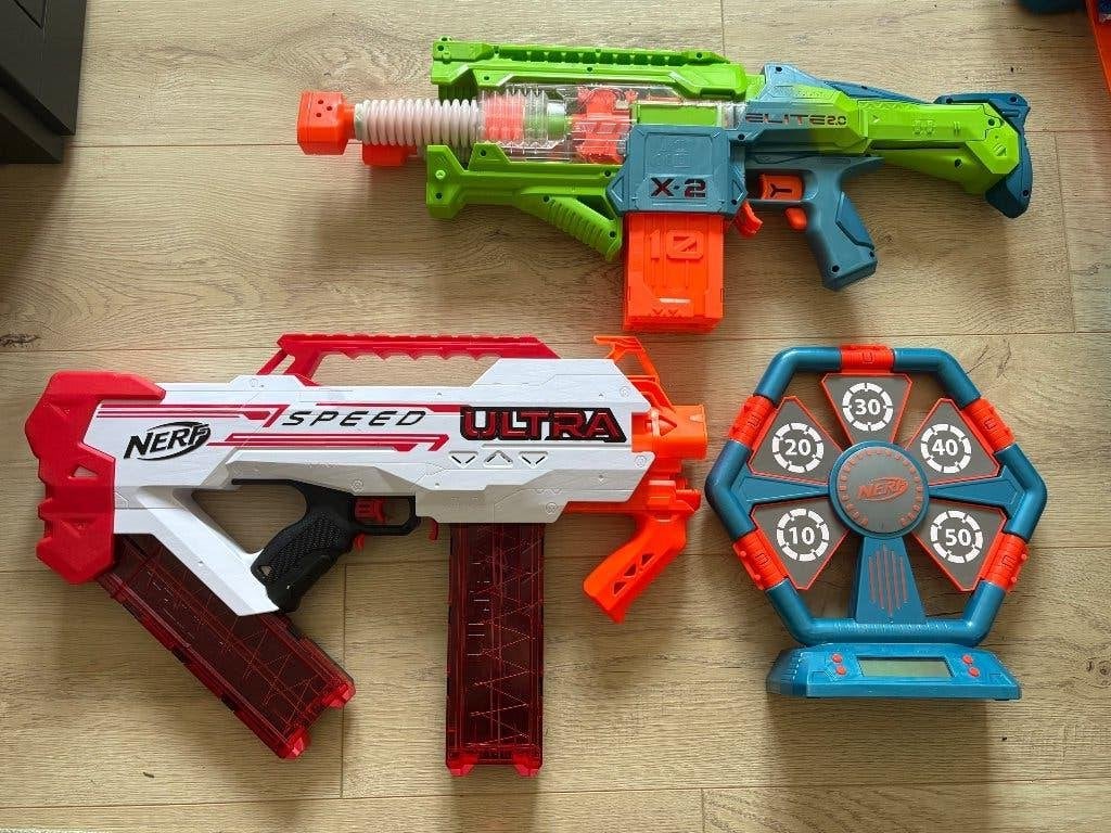 Nerf elecktrische pistolen en schietschijf, Ophalen, Gebruikt