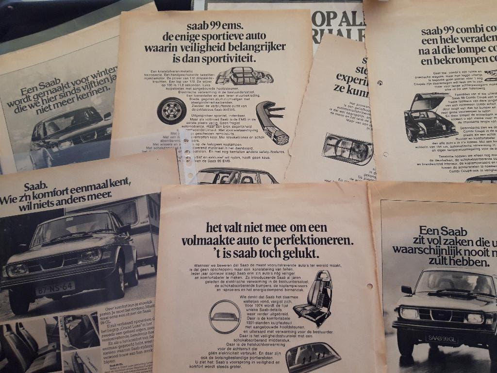 8 verschillende Saab advertenties Nederlands, zwart-wit, Verzamelen, Ophalen of Verzenden, Zo goed als nieuw, Auto's