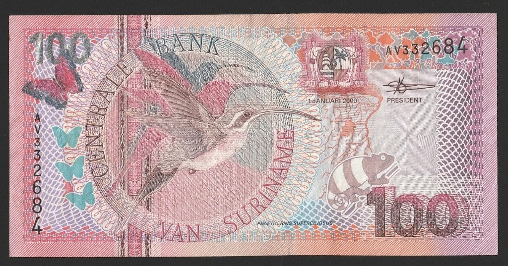 100 gld 2000 suriname AV 332684 mooi exemplaar, Ophalen of Verzenden