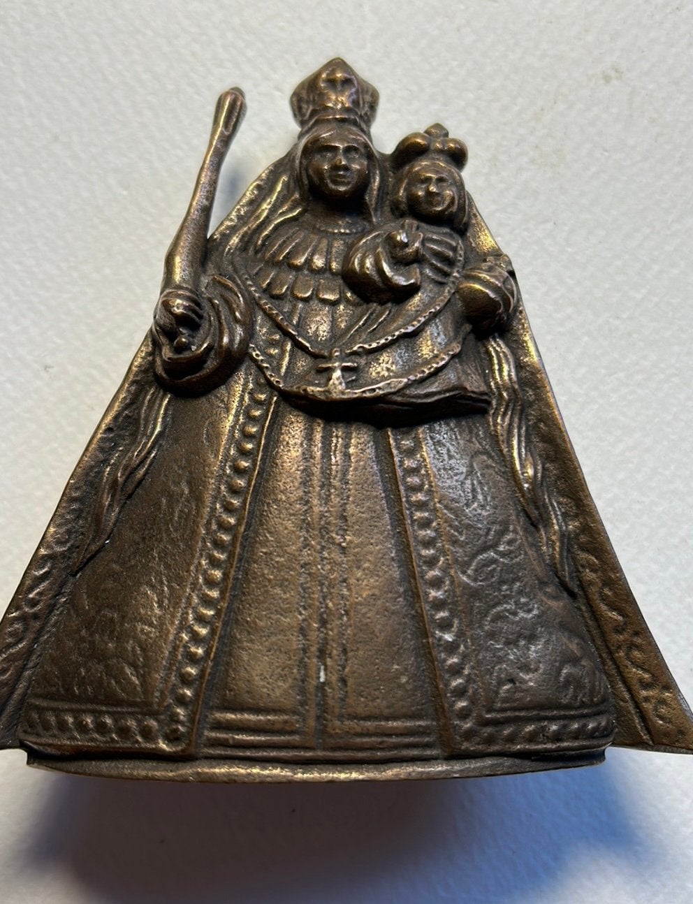 Zwaar bronzen beeld maagd maria, kindje Jezus Scepter Kroon,, Antiek en Kunst, Antiek | Religie, Ophalen of Verzenden
