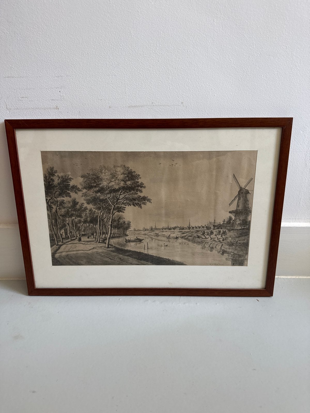 Antieke Ets: Molen aan de Rivier, 18e Eeuw, Ingelijst, Ets, Ophalen of Verzenden, Landschap