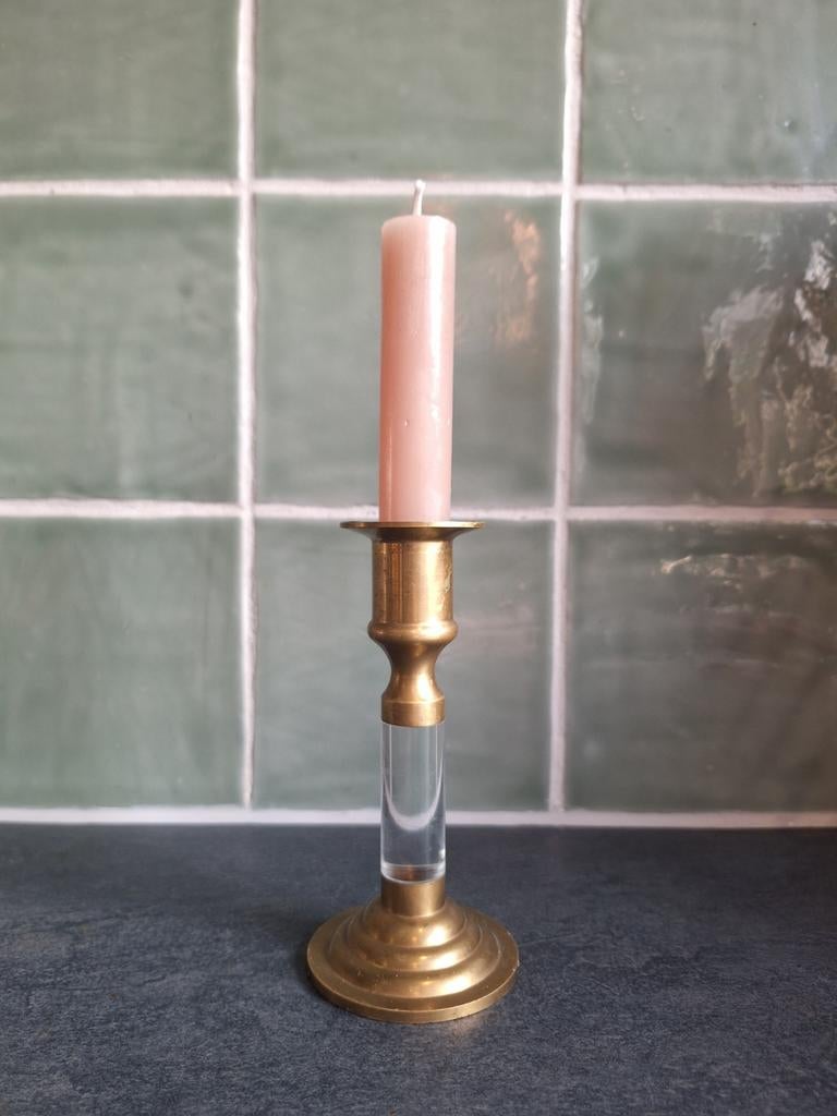 Vintage kandelaar messing glas, Antiek en Kunst, Ophalen of Verzenden