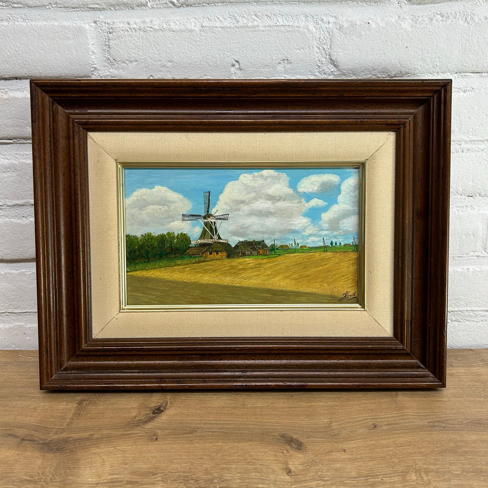 Schilderij met Hollandse Molen en Landschap - Gesigneerd, Doek, Ophalen of Verzenden, Gesigneerd, Landschap