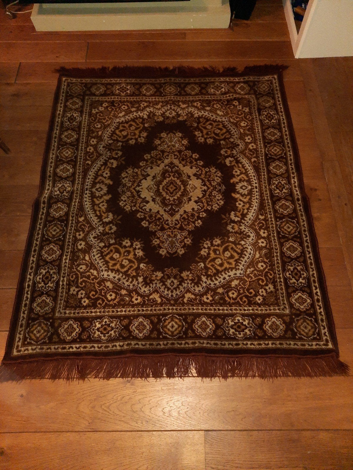 Vintage bruin vloerkleed met gaaf patroon, 100 tot 150 cm, Vintage, Ophalen of Verzenden, Zo goed als nieuw