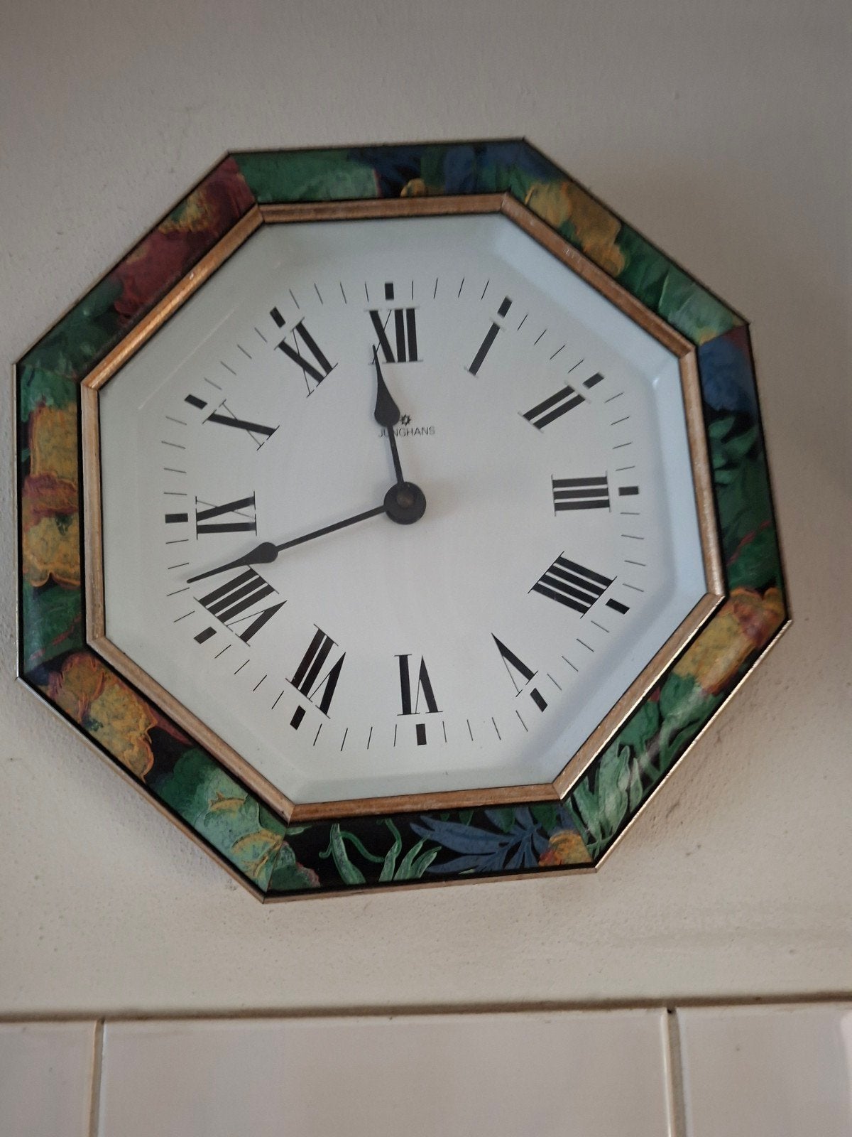 Vintage Junghans Wandklok - Octagonaal met Bloemenprint, Ophalen of Verzenden