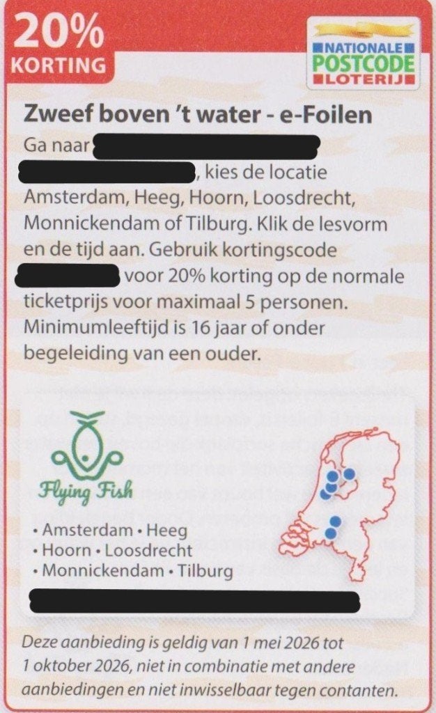 Zweef boven ’t water - e-Foilen. 20% korting. Postcode bon., Tickets en Kaartjes, Recreatie | Pretparken en Attractieparken, Drie personen of meer