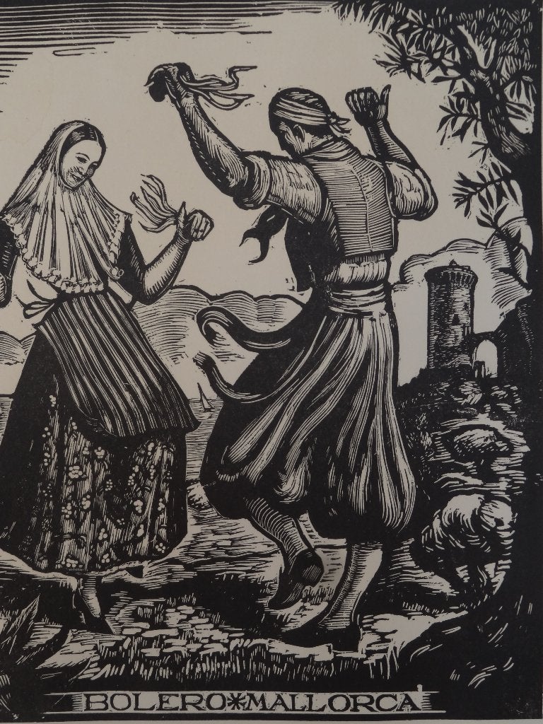 houtsnede Bolero Mallorca, Juan Castells Marti, 1940, Antiek en Kunst, Dagelijks leven, Ophalen of Verzenden, 1900 - 1949, Houtsnede