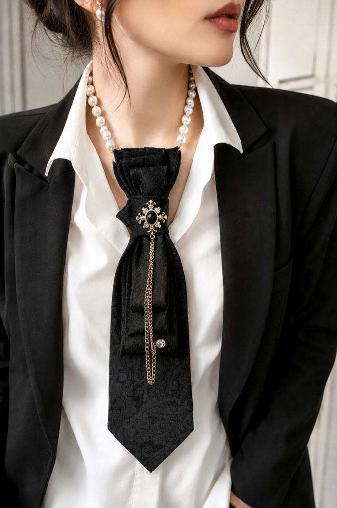 Elegante Zwarte Jacquard Stropdas-Ketting met Broche, Overige materialen, Zwart, Nieuw, Ophalen of Verzenden