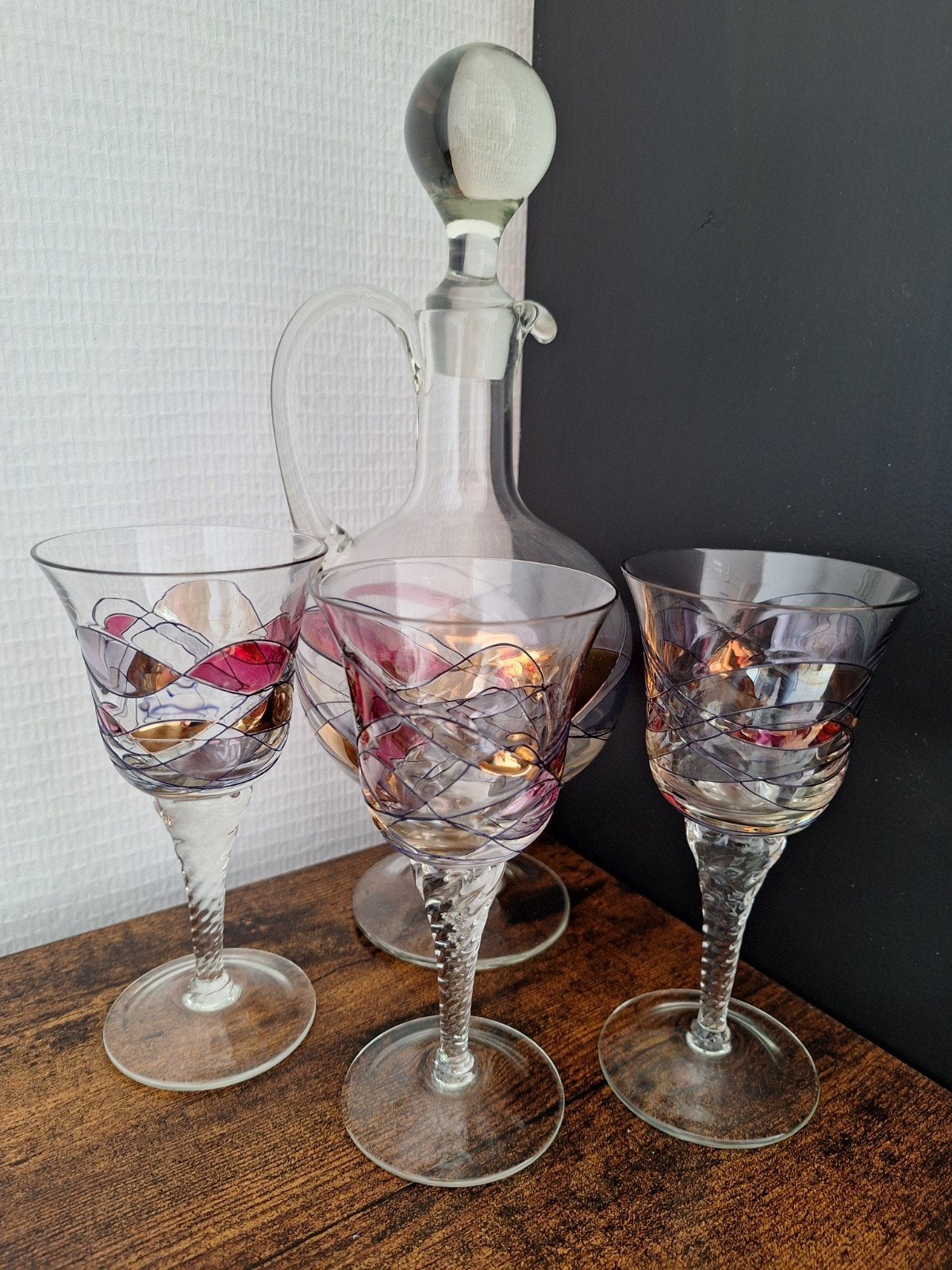 Vintage Glazen Karaf met 3 Wijnglazen - Handgeschilderd, Ophalen