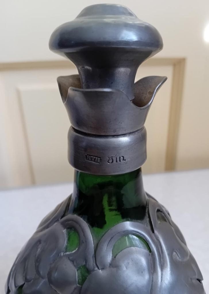 Art-Deco groene glazen karaf met tin beslag, Antiek en Kunst, Antiek | Tin, Ophalen of Verzenden