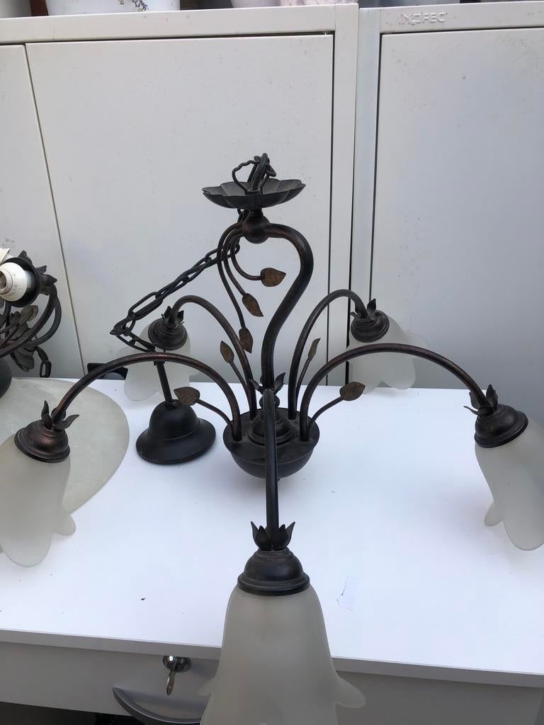Vintage Lampenset: Kroonluchter en Wandlampen, Ophalen, Gebruikt, Glas, 50 tot 75 cm