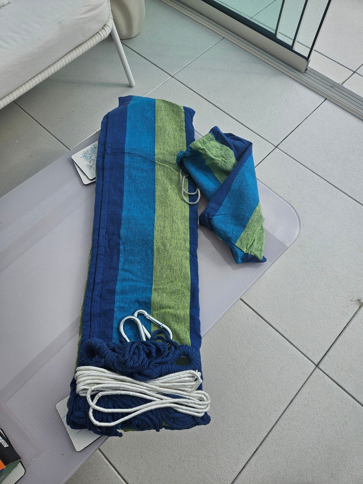 Comfortabele hangmat met touwen en karabijnhaken, Ophalen, Gebruikt, Opvouwbaar, Eenpersoons