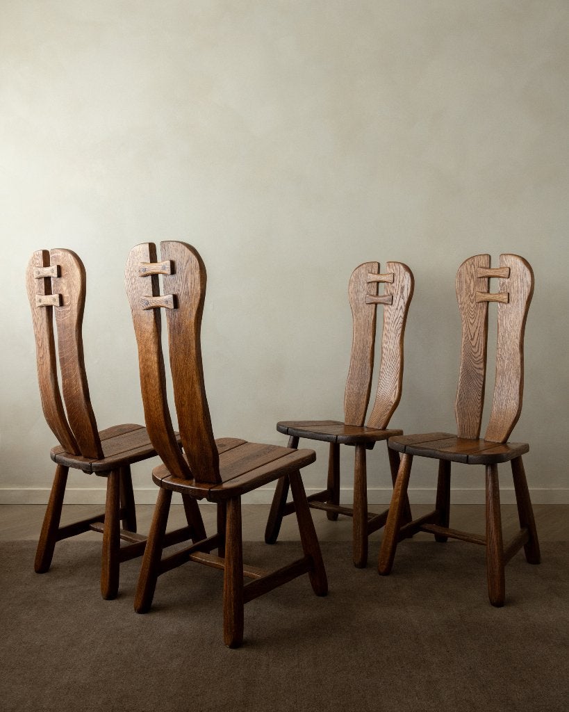 Vintage Brutalist Eikenhouten Eetkamerstoelen De Puydt 1960s, Bruin, Ophalen of Verzenden, Vier, Nvt