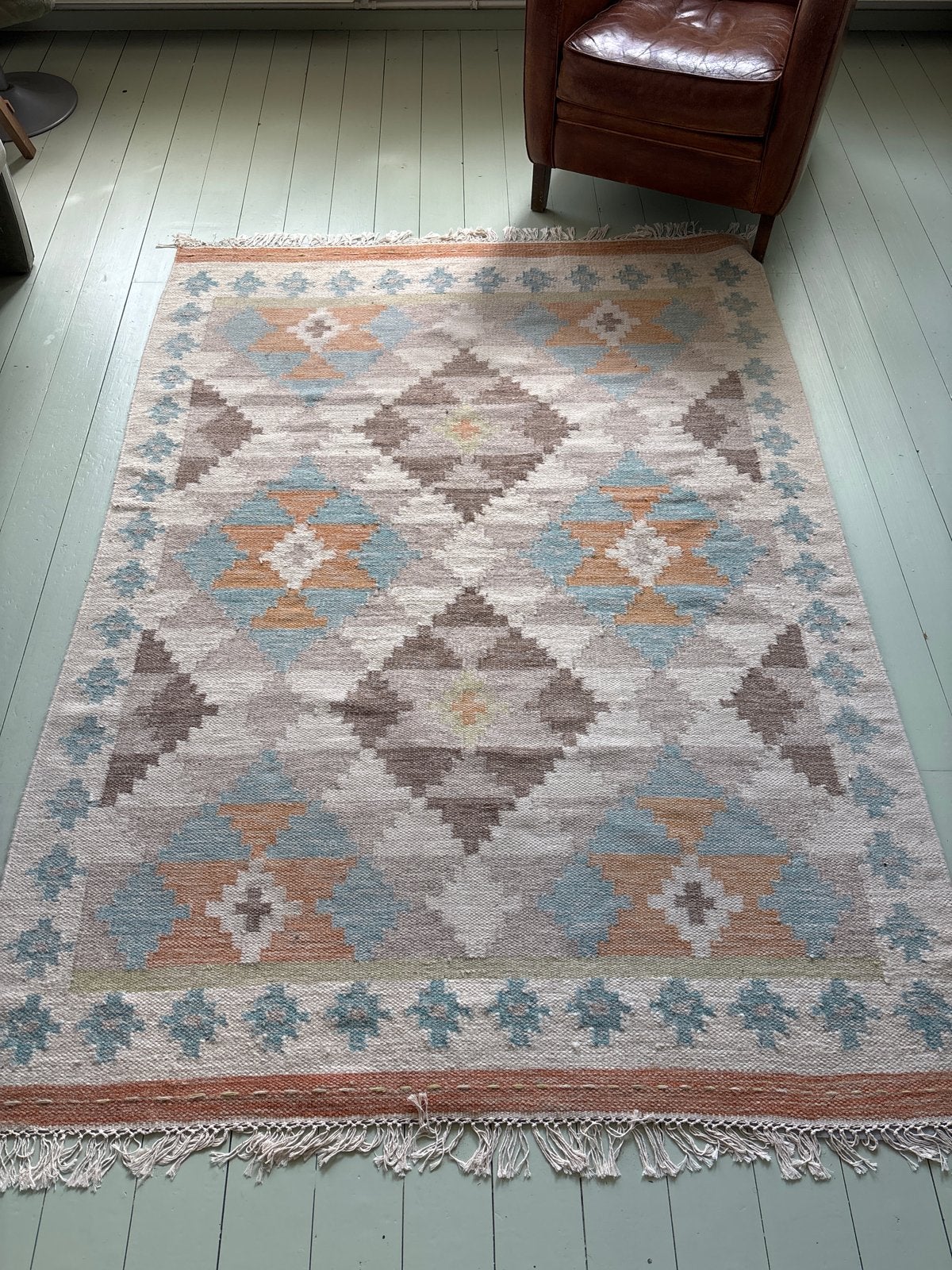 Handgeweven Kelim vloerkleed met geometrisch patroon, Beige, 150 tot 200 cm, 200 cm of meer, Ophalen of Verzenden