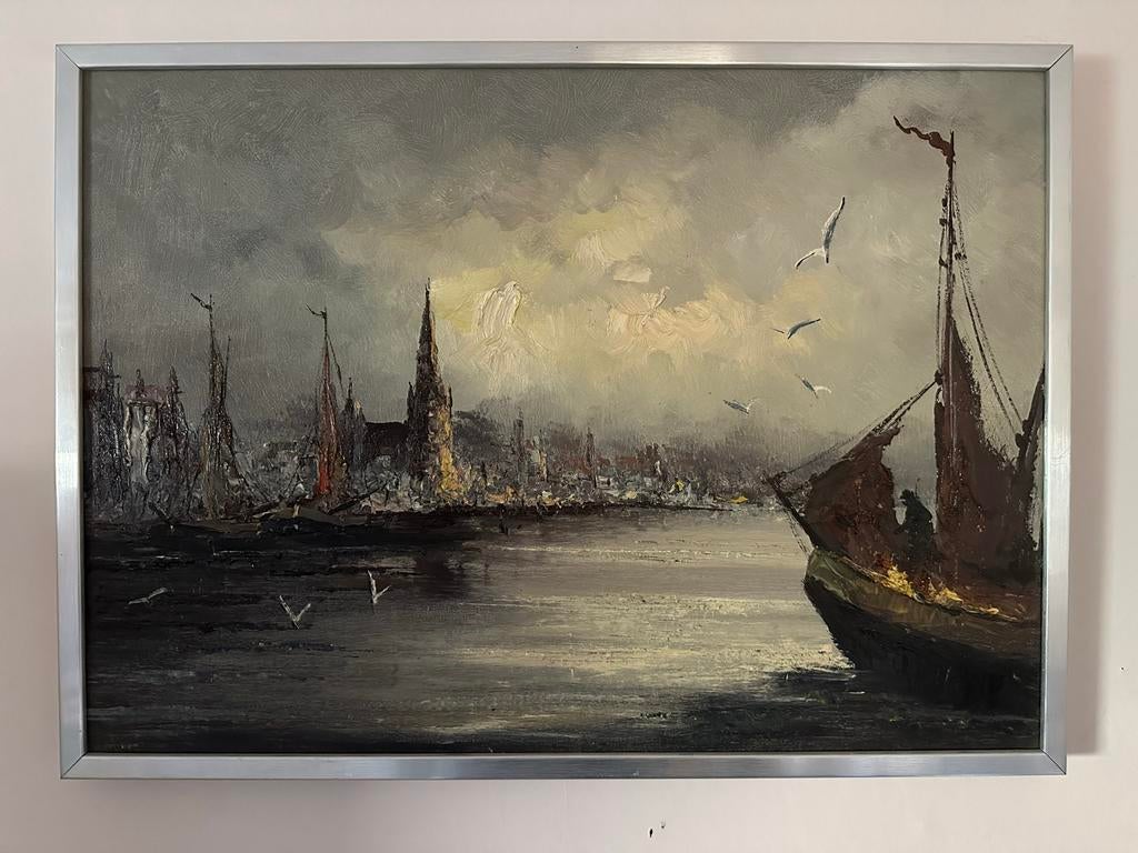 Schilderij met lijst, havengezicht 50x70 cm, Antiek en Kunst, Ophalen