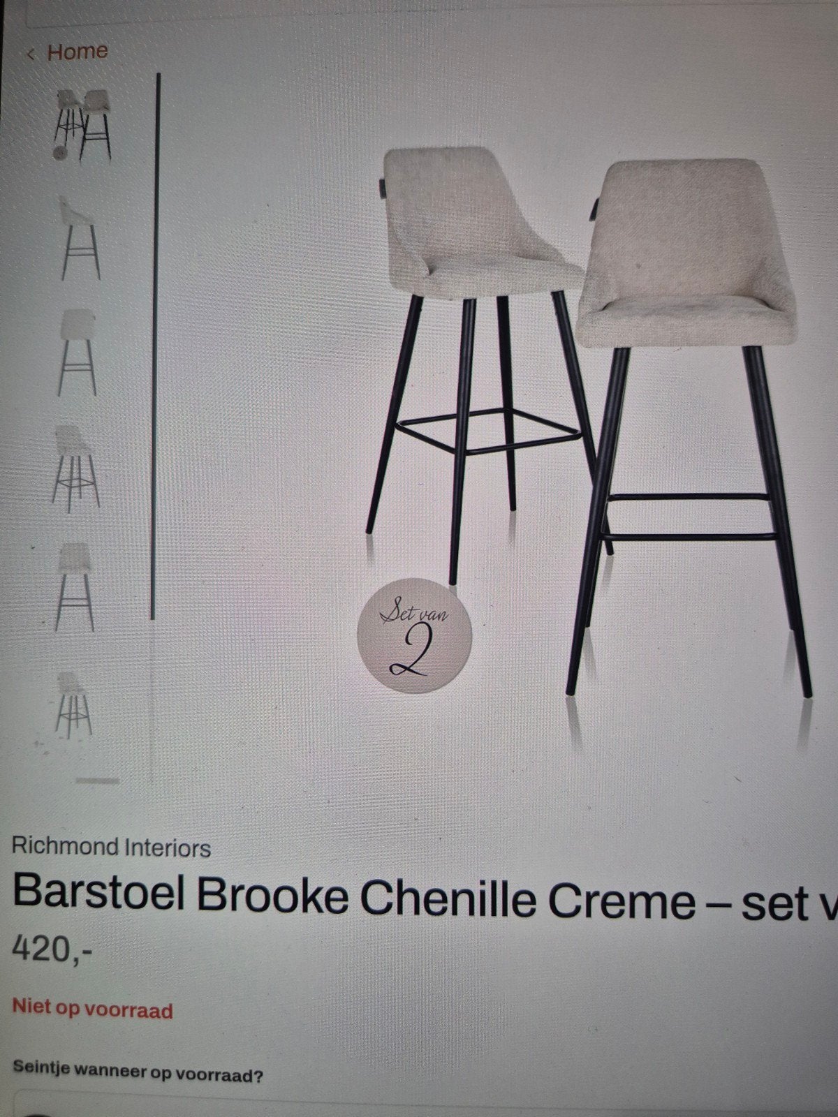Richmond LUX Barstoel Brooke CHENILLE Crème aanbieding, 5 krukken of meer, Ophalen, Nieuw, 60 tot 90 cm