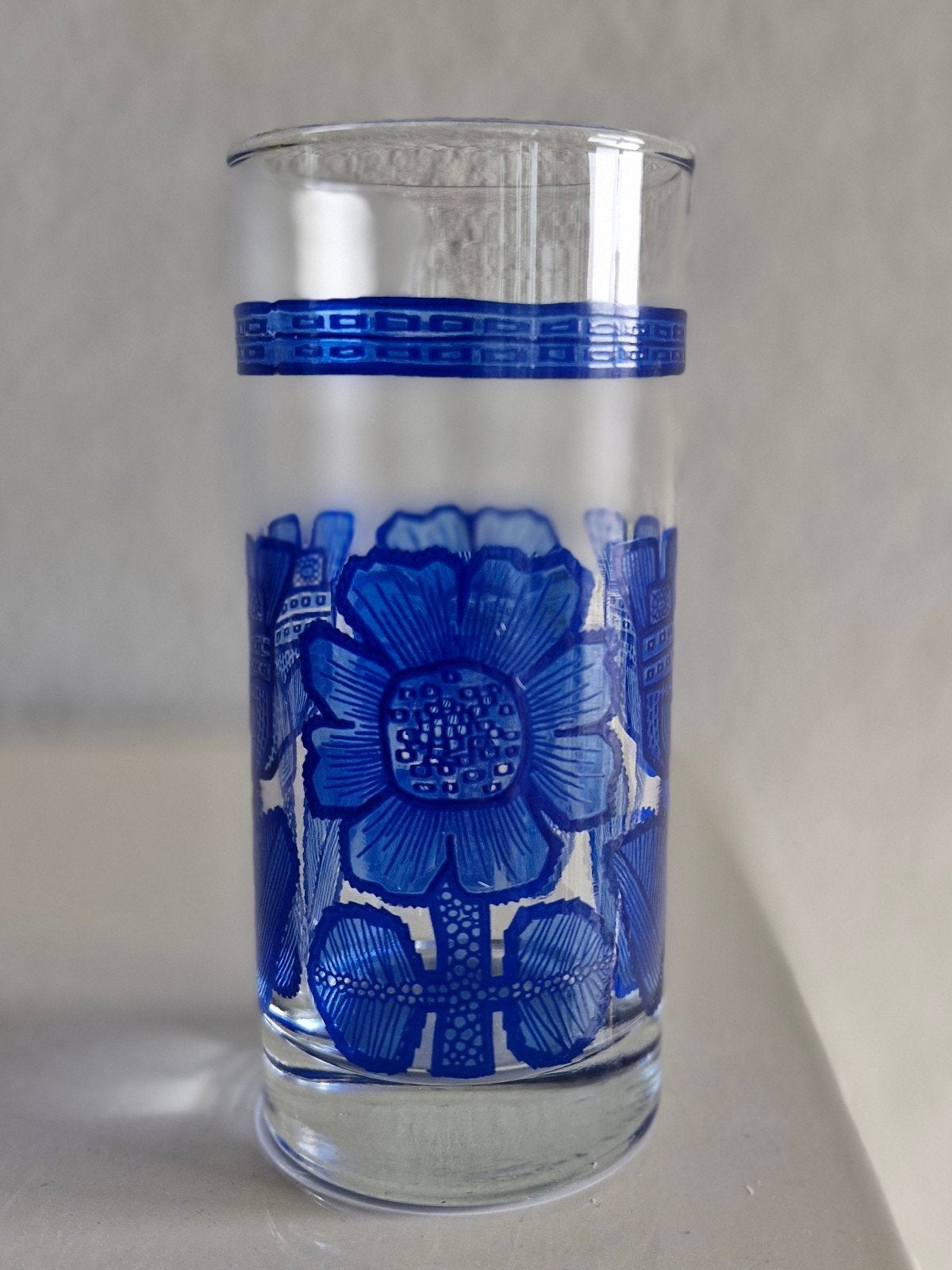 Vintage drinkglas met blauw bloemmotief, Ophalen of Verzenden