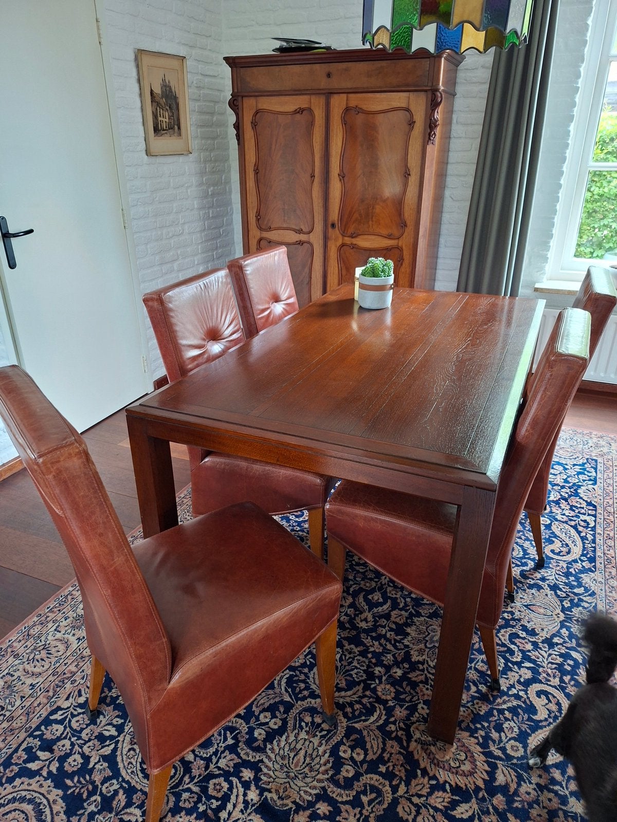 Tafel en 6 leren stoelen 100.00 voor allemaal, Huis en Inrichting, Ophalen, Gebruikt, 4 tot 6 stoelen
