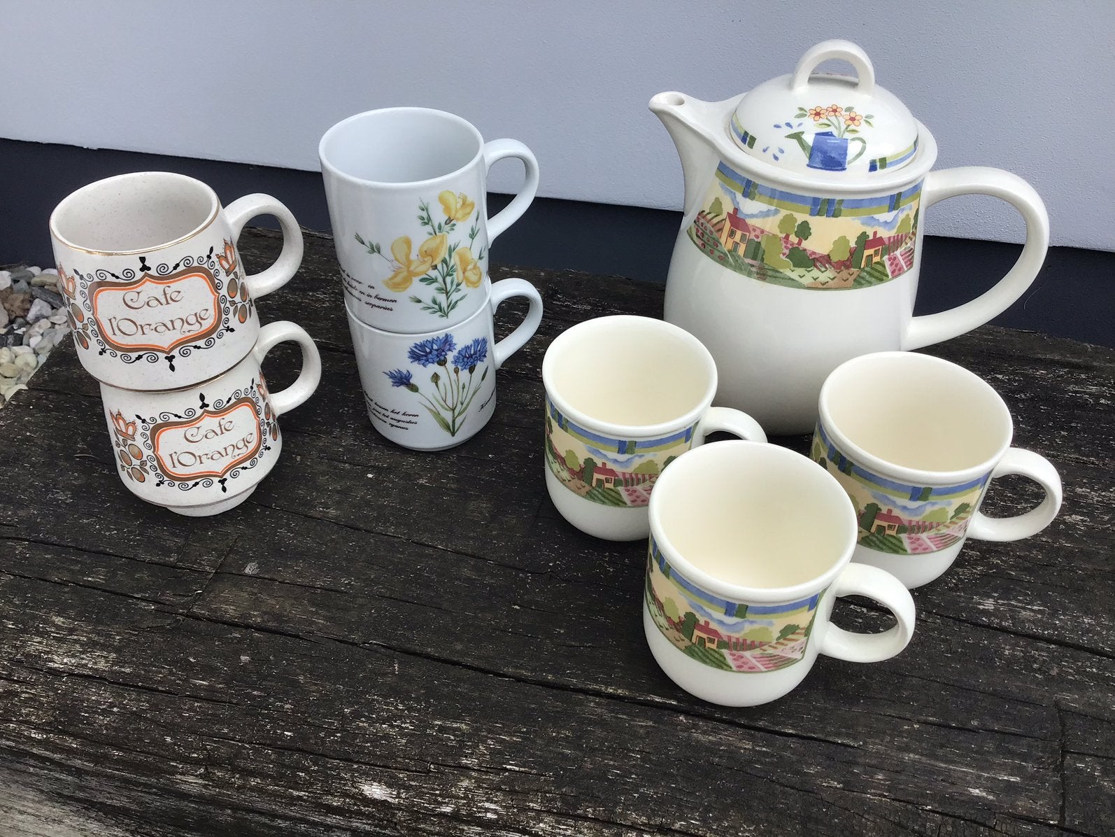 Theepot + bekers - Libelle bekers - café ‘l Orange bekers, Ophalen of Verzenden