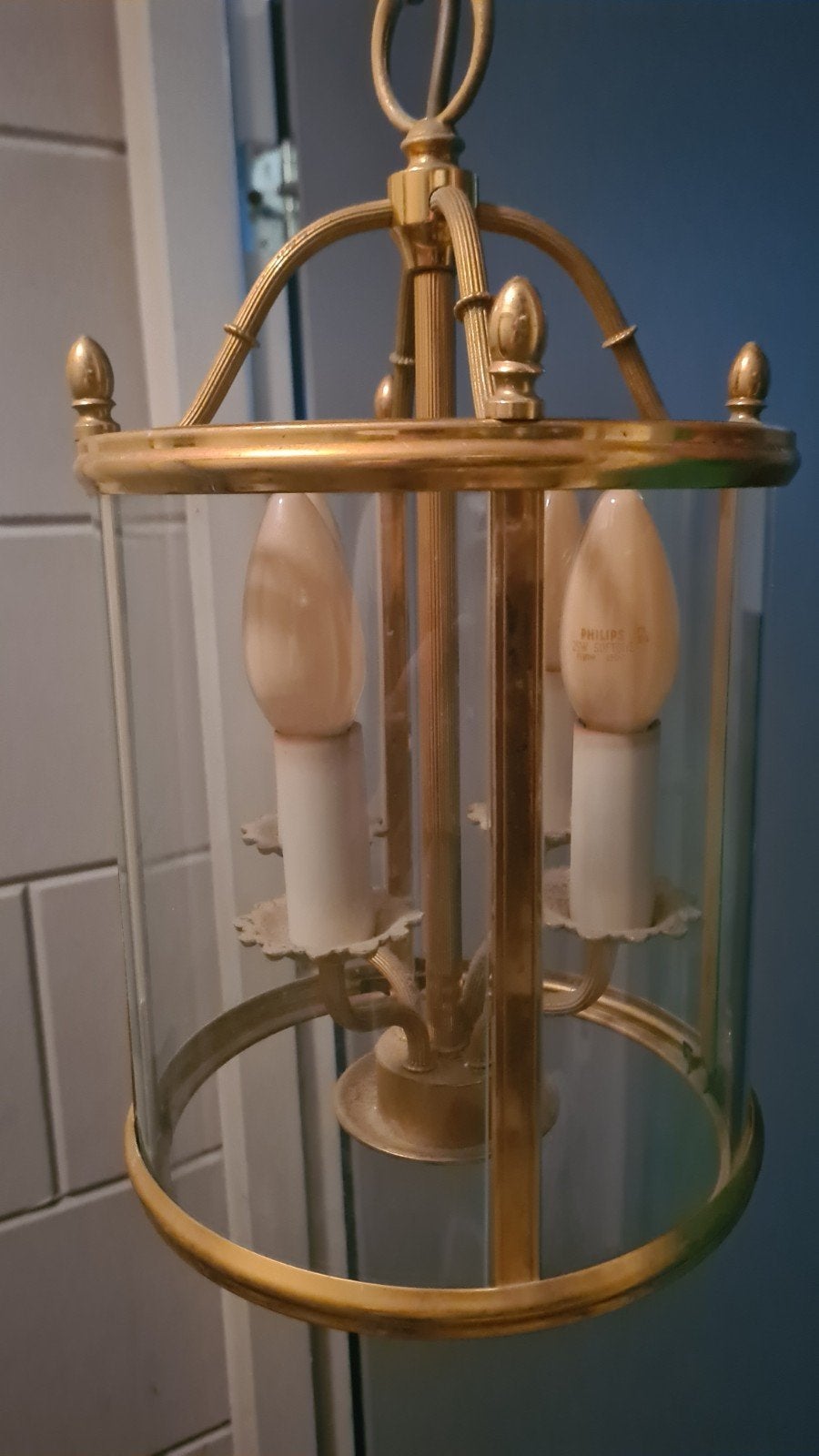 Vintage Messing Hanglamp met Glas - Klassieke Stijl, Gebruikt, E14 (klein), Ophalen of Verzenden, Klassiek, Vintage