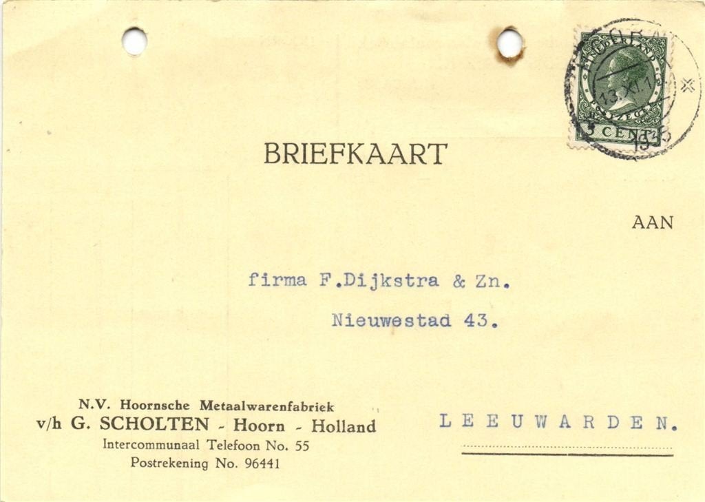 NV Hoornsche Metaalwarenfariek, Hoorn - 11.1935 - credit-not, Ophalen of Verzenden, Briefkaart