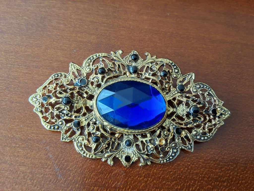Vintage Broche met Blauwe Steen en Goudkl. Filigraan, Met kristal, Overige materialen, 4 tot 7 cm, Gebruikt