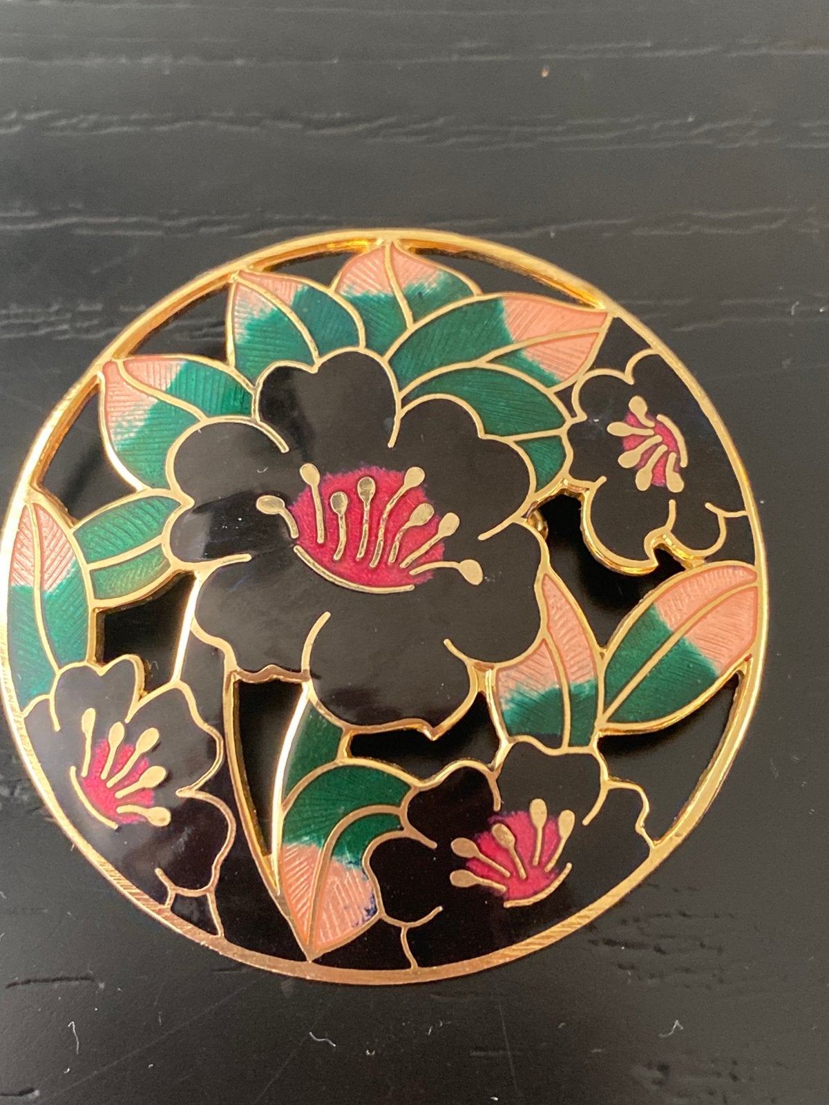 Vintage ronde emaille cloissonne broche -5 cm, Ophalen of Verzenden, Zo goed als nieuw, Overige materialen