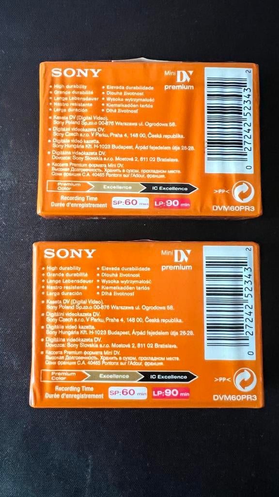 Sony Mini DV Premium DVM60PR3 Videobanden (2 stuks), Ophalen of Verzenden, Overige soorten, (Video)band