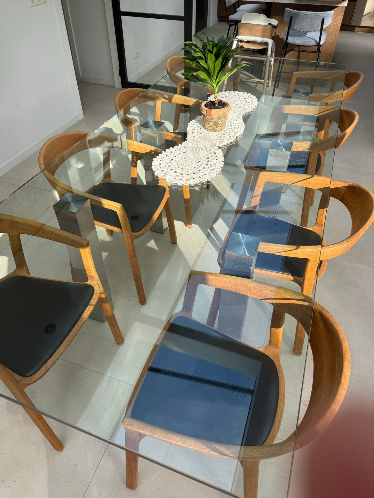Glazen eettafel v/ Lederland Villa Arena woonmall  Amsterdam, Ophalen, 100 tot 150 cm, 200 cm of meer, Vijf personen of meer