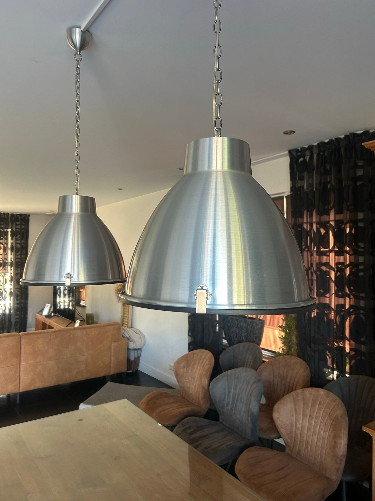 Set van 2 zilveren hanglampen - Industrieel design, Ophalen, Gebruikt, Metaal, E27 (groot)