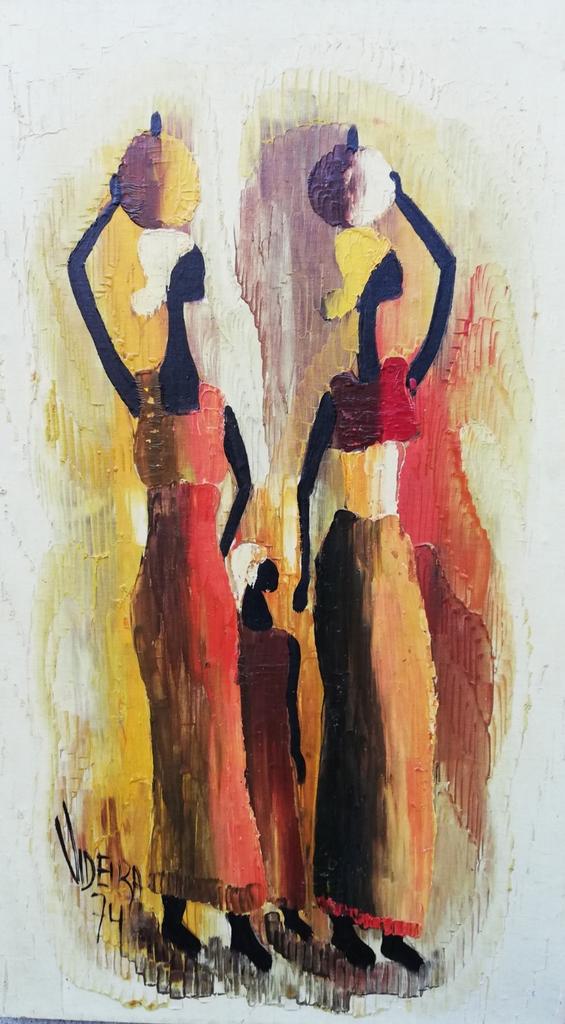 Videira, Afrikaanse vrouwen met kalebas. Olie/maroufle, Huis en Inrichting, Ophalen, Minder dan 50 cm, Oorspronkelijke maker, Zo goed als nieuw