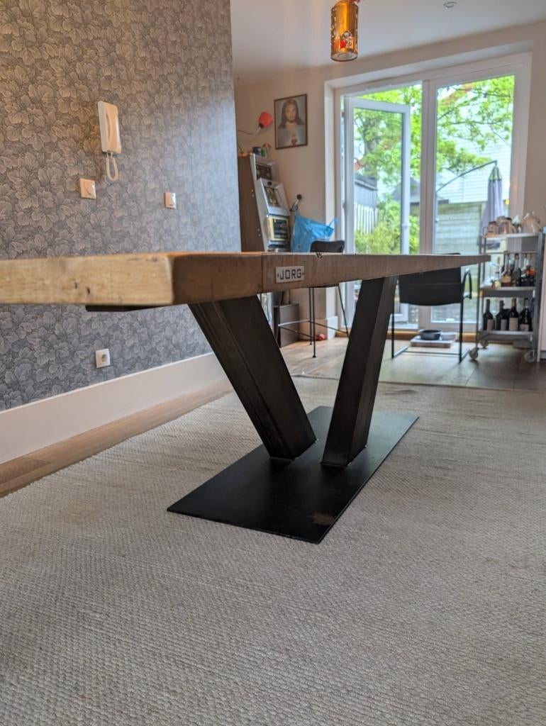 Robuuste Eiken JORG Tafel (300cm) - Uniek Wagondelen Design, Huis en Inrichting, Tafels | Eettafels, Ophalen, Gebruikt, 100 tot 150 cm
