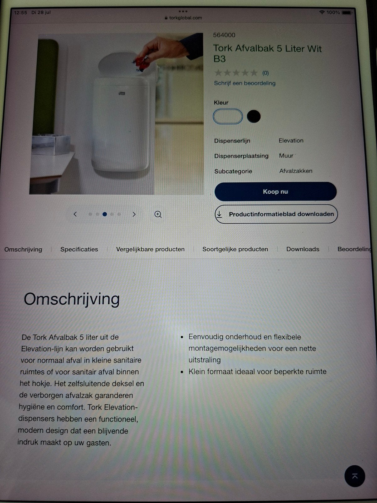 Tork afvalbak 5 ltr, Ophalen of Verzenden, Nieuw, Kunststof